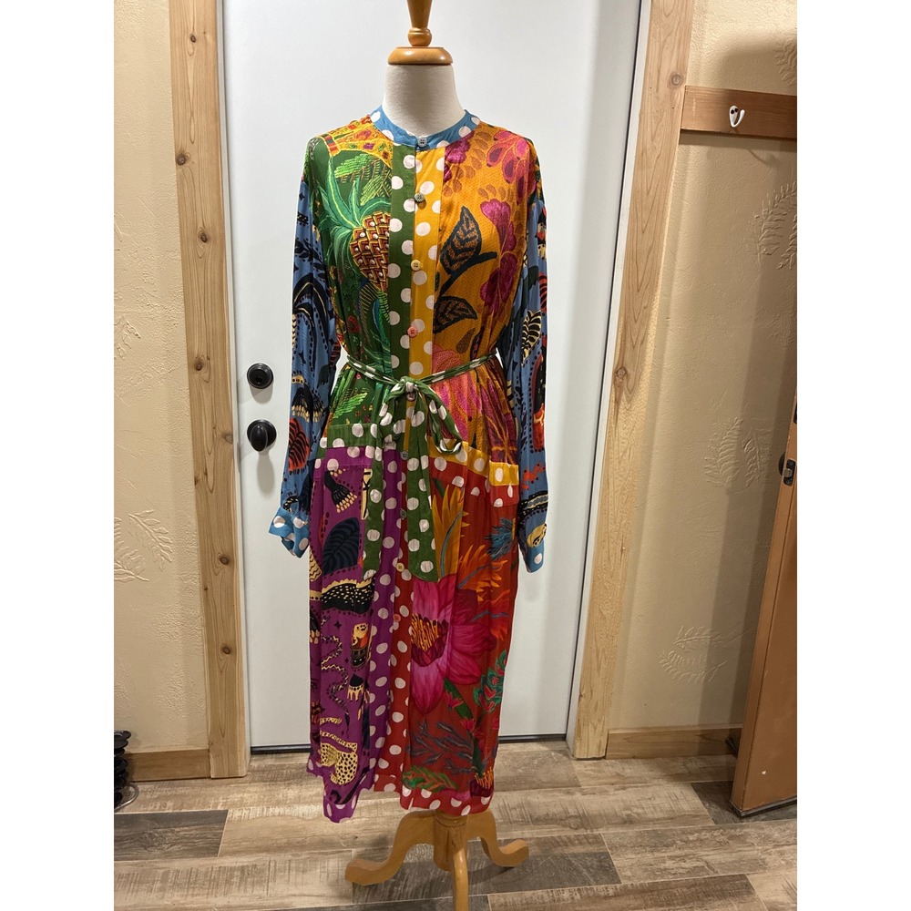 Farm Rio Mixed Prints Patchwork Midi Dress‎ Long Sleeve Viscose Multicolor Small